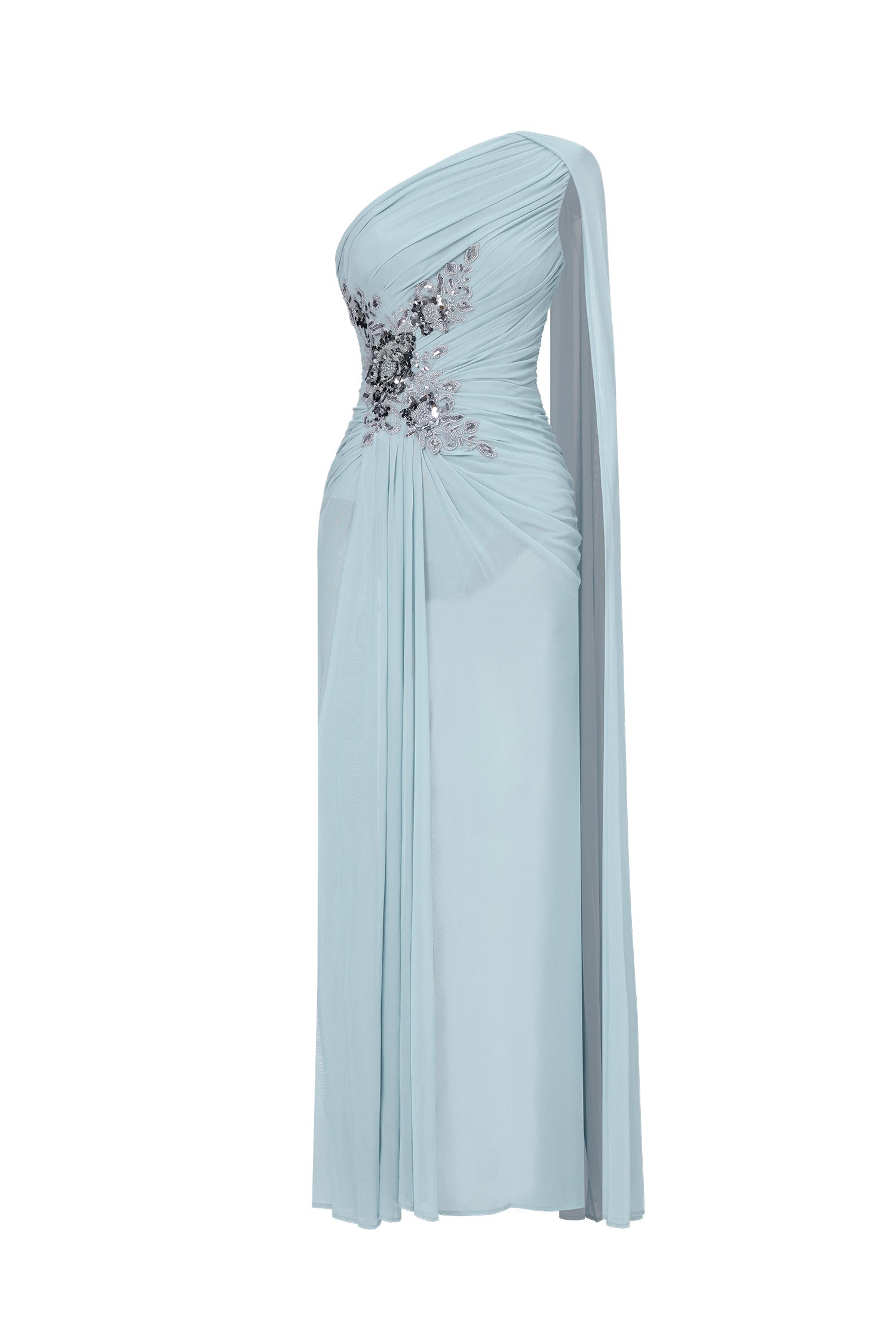 Bella Barnett Kaylee One Shoulder Sequin Embroidered Ruched Mesh Formal Prom Evening Gown