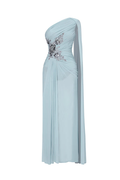 Bella Barnett Kaylee One Shoulder Sequin Embroidered Ruched Mesh Formal Prom Evening Gown