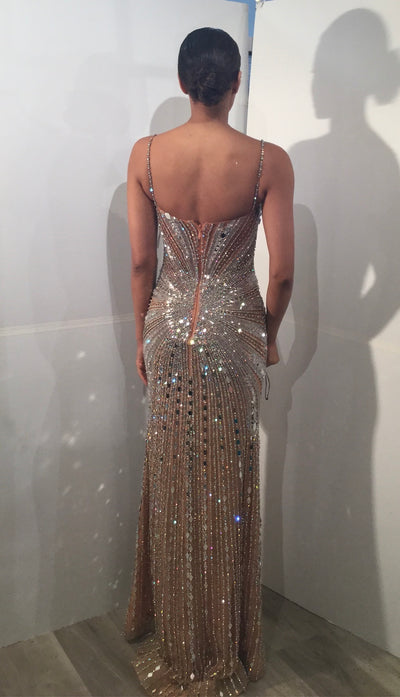 Crystal Beaded Spaghetti Strap Prom Dress with Slit Sparkly Rhinestone Gown by Jovani D5604