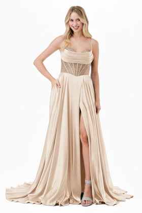 Sleeveless Beaded Corset Bodice Prom Dress High Slit & Pockets Evening Gown by Trevi L2861L