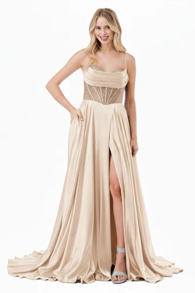 Sleeveless Beaded Corset Bodice Prom Dress High Slit & Pockets Evening Gown by Trevi L2861L