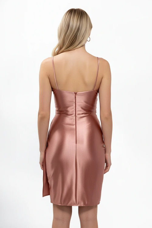 Sleeveless Satin Short Homecoming Dress with Side Ruching & Wrap-Style Short Skirt by Trevi D715