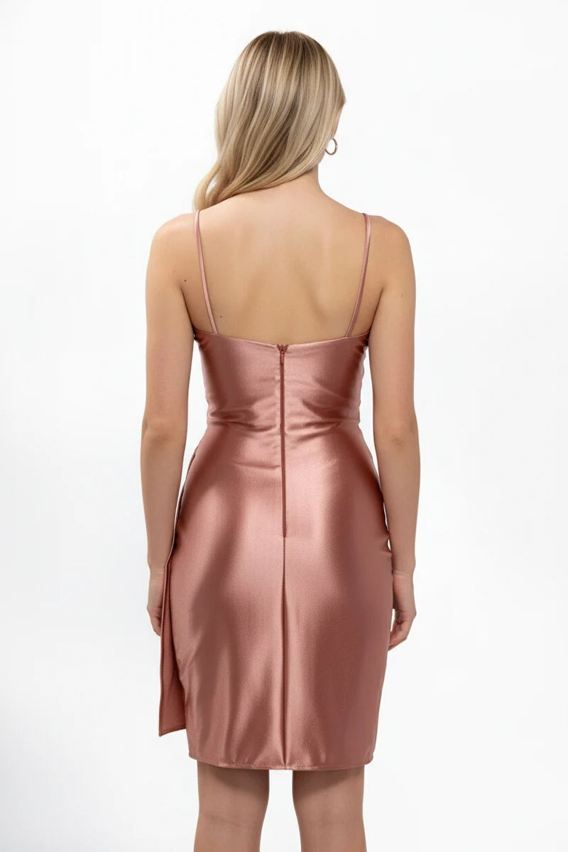 Sleeveless Satin Short Homecoming Dress with Side Ruching & Wrap-Style Short Skirt by Trevi D715