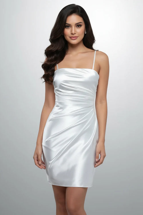 Sleeveless Satin Short Homecoming Dress with Side Ruching & Wrap-Style Short Skirt by Trevi D715