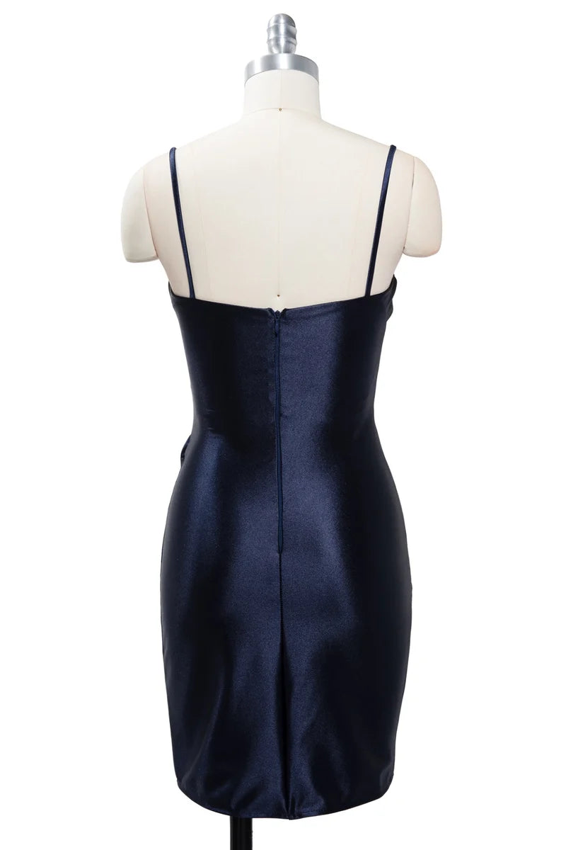 Sleeveless Satin Short Homecoming Dress with Side Ruching & Wrap-Style Short Skirt by Trevi D715