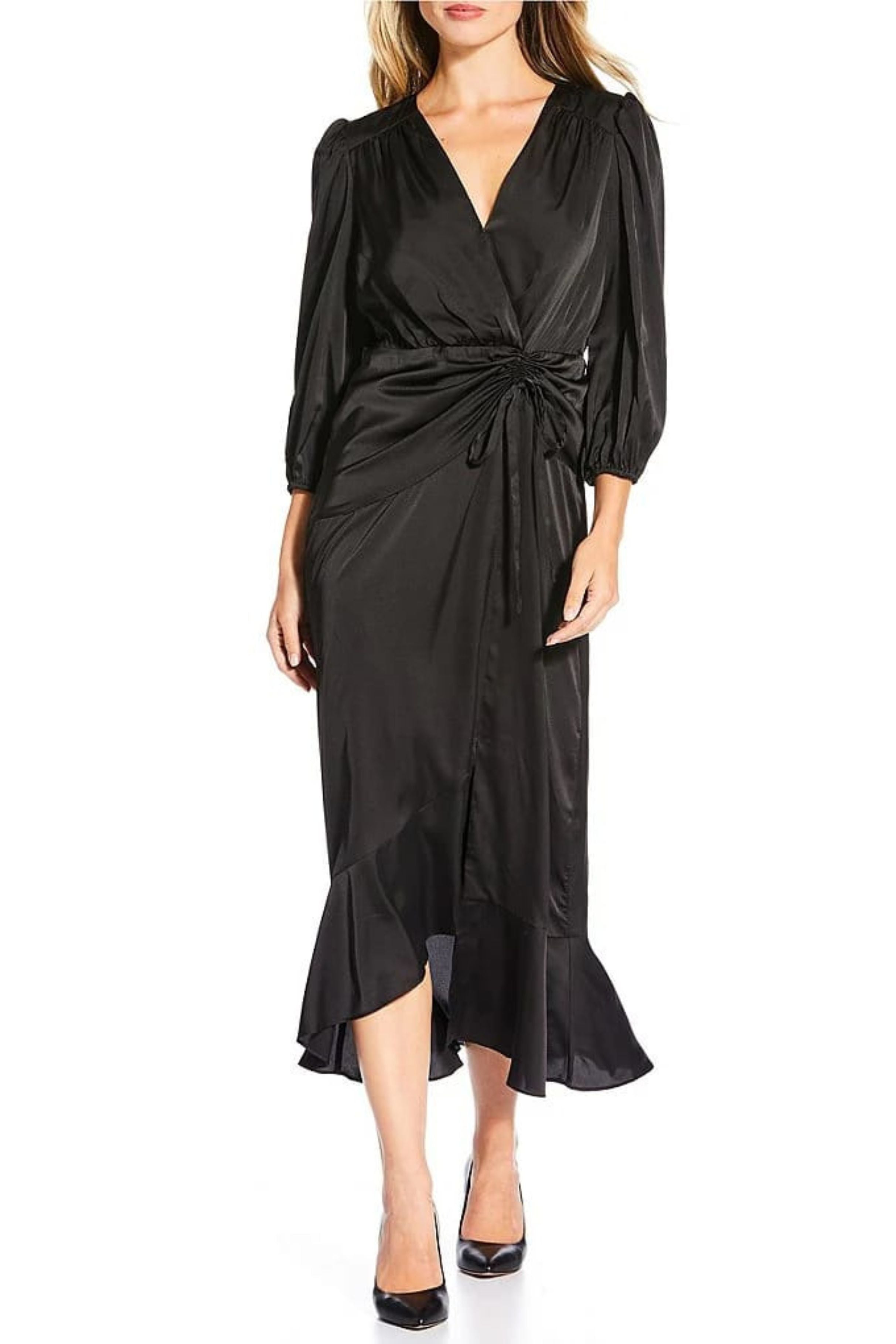 Black 3/4 Sleeve A-Line Midi Dress by Donna Morgan D9419M