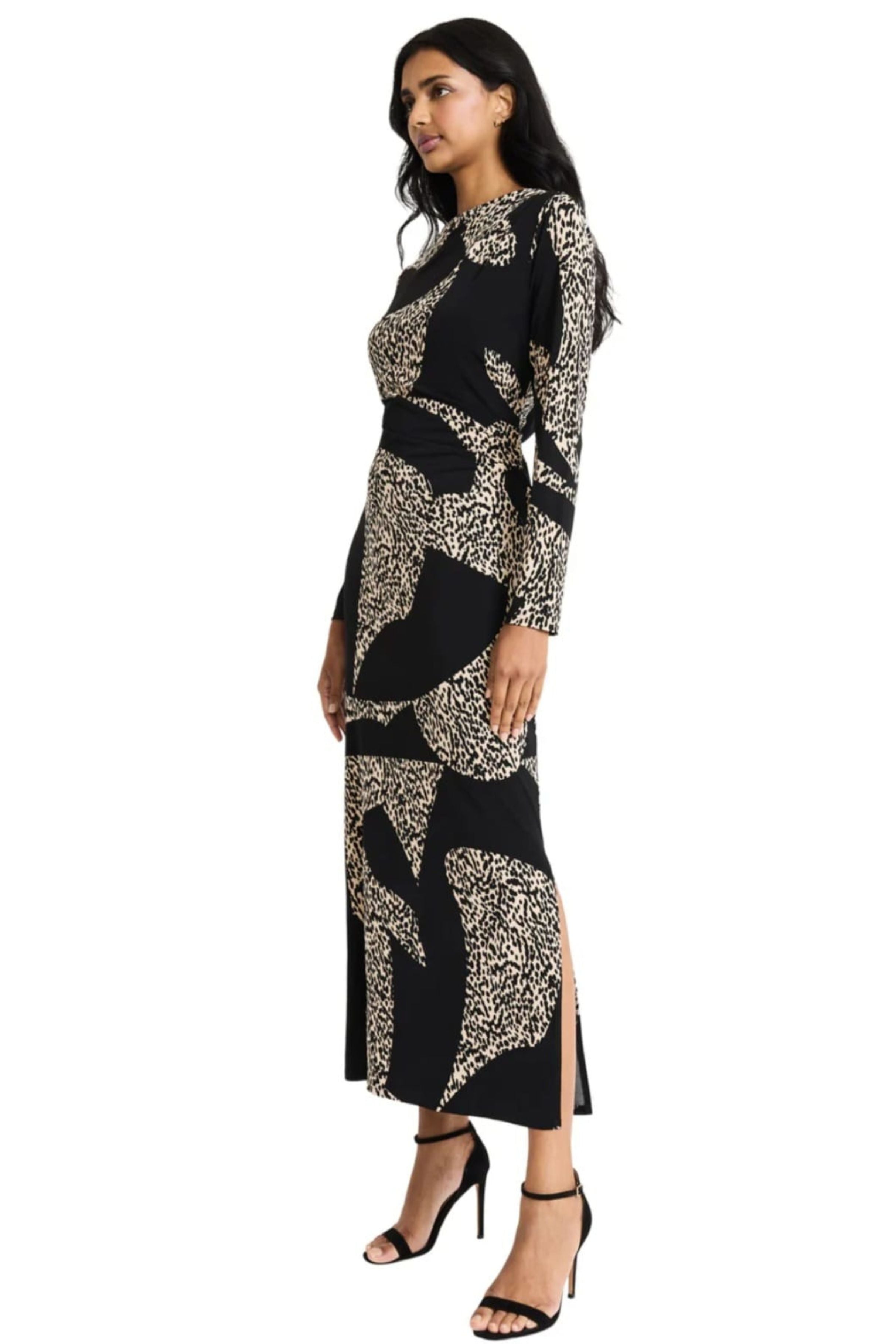Black Cream Animal Print Long Sheath Dress by Donna Morgan D9479M
