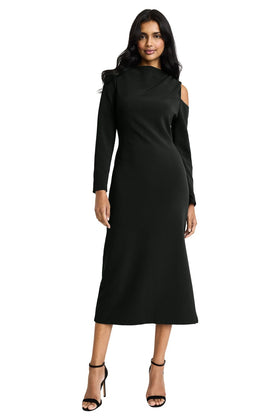 Black Long Sleeve Ribbed Cold Shoulder Midi Dress by Donna Morgan D9500M