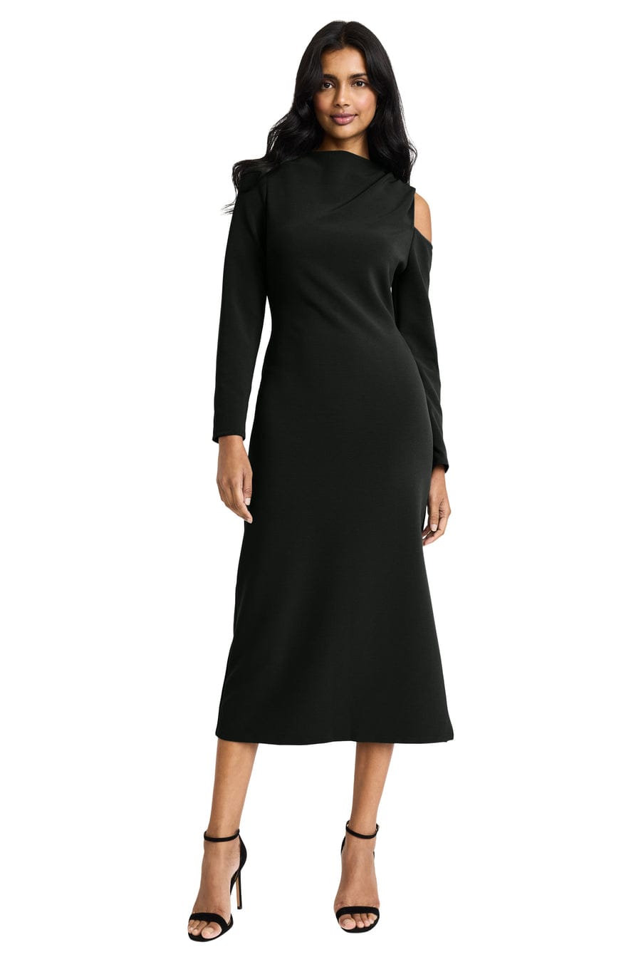 Black Long Sleeve Ribbed Cold Shoulder Midi Dress by Donna Morgan D9500M