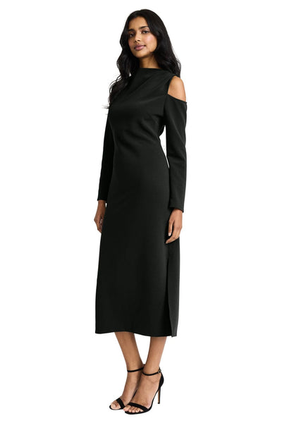 Black Long Sleeve Ribbed Cold Shoulder Midi Dress by Donna Morgan D9500M