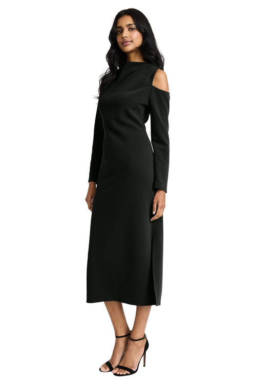 Black Long Sleeve Ribbed Cold Shoulder Midi Dress by Donna Morgan D9500M