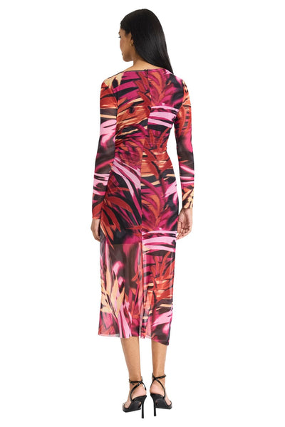 Grey Penny Long Sleeve V-Neck Mesh Multi Print Midi Dress by Donna Morgan D9619M