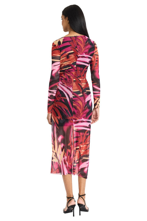 Grey Penny Long Sleeve V-Neck Mesh Multi Print Midi Dress by Donna Morgan D9619M
