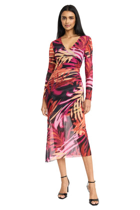 Grey Penny Long Sleeve V-Neck Mesh Multi Print Midi Dress by Donna Morgan D9619M