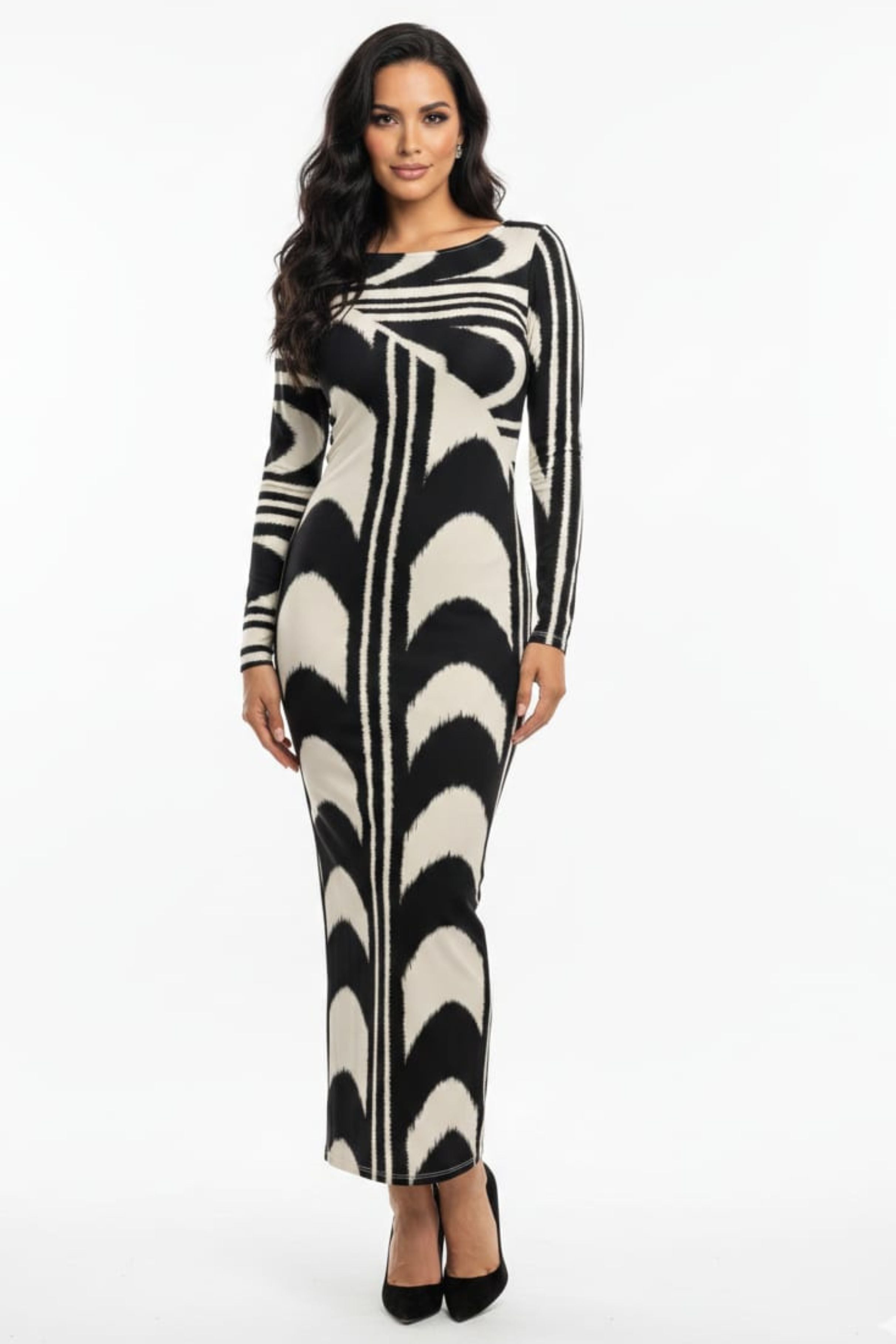Cream Tan Black Mulit Print Long Sleeve Sheath Dress by Donna Morgan D9759M