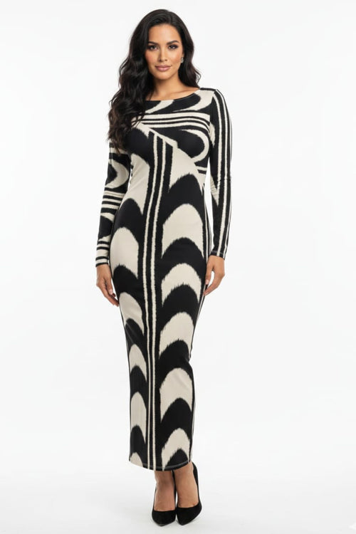 Cream Tan Black Mulit Print Long Sleeve Sheath Dress by Donna Morgan D9759M