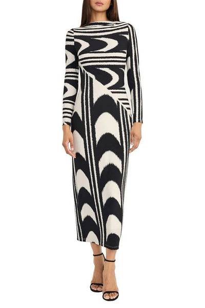Cream Tan Black Mulit Print Long Sleeve Sheath Dress by Donna Morgan D9759M