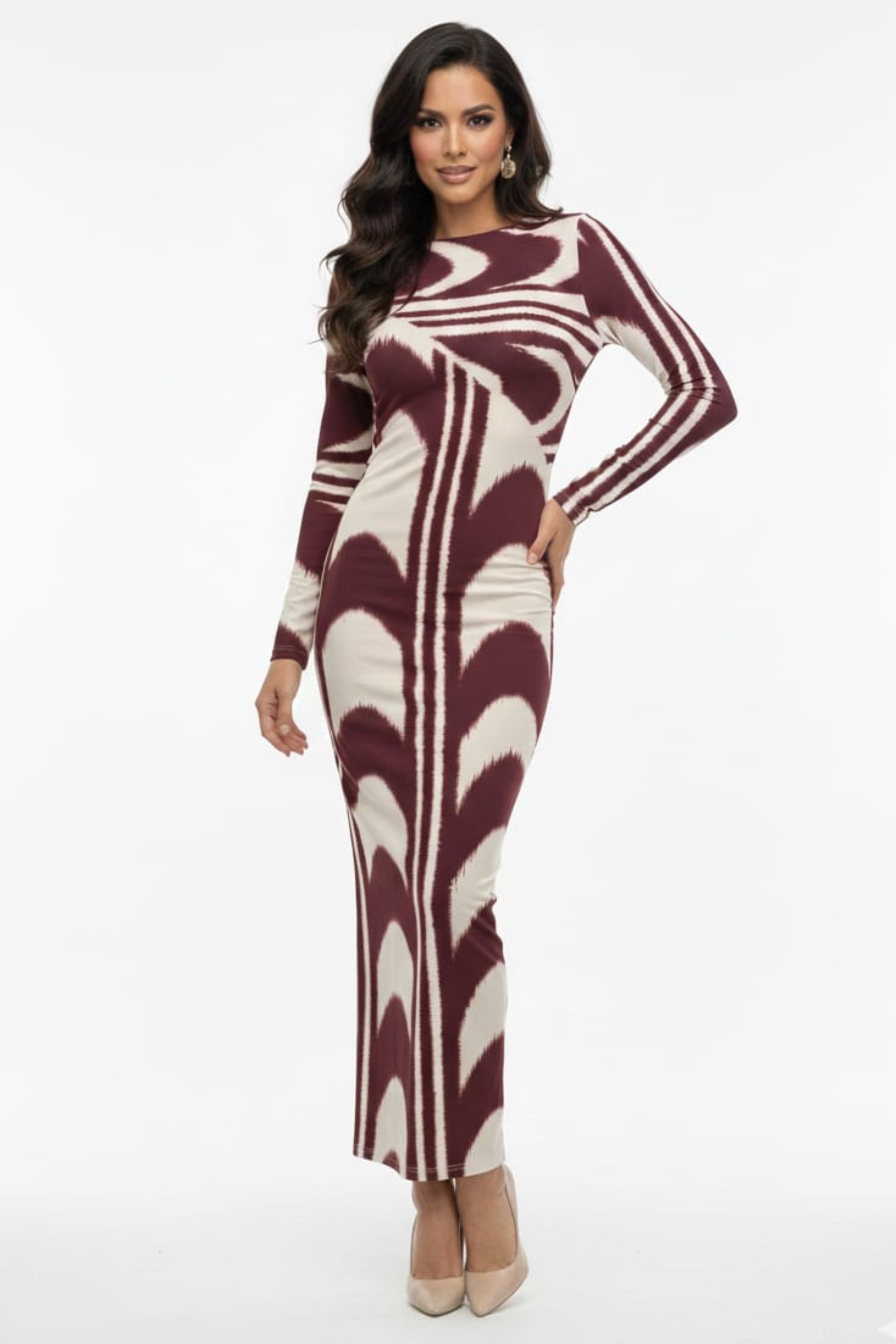 Cream TAN Black Mulit Print Long Sleeve Sheath Dress by Donna Morgan D9759M