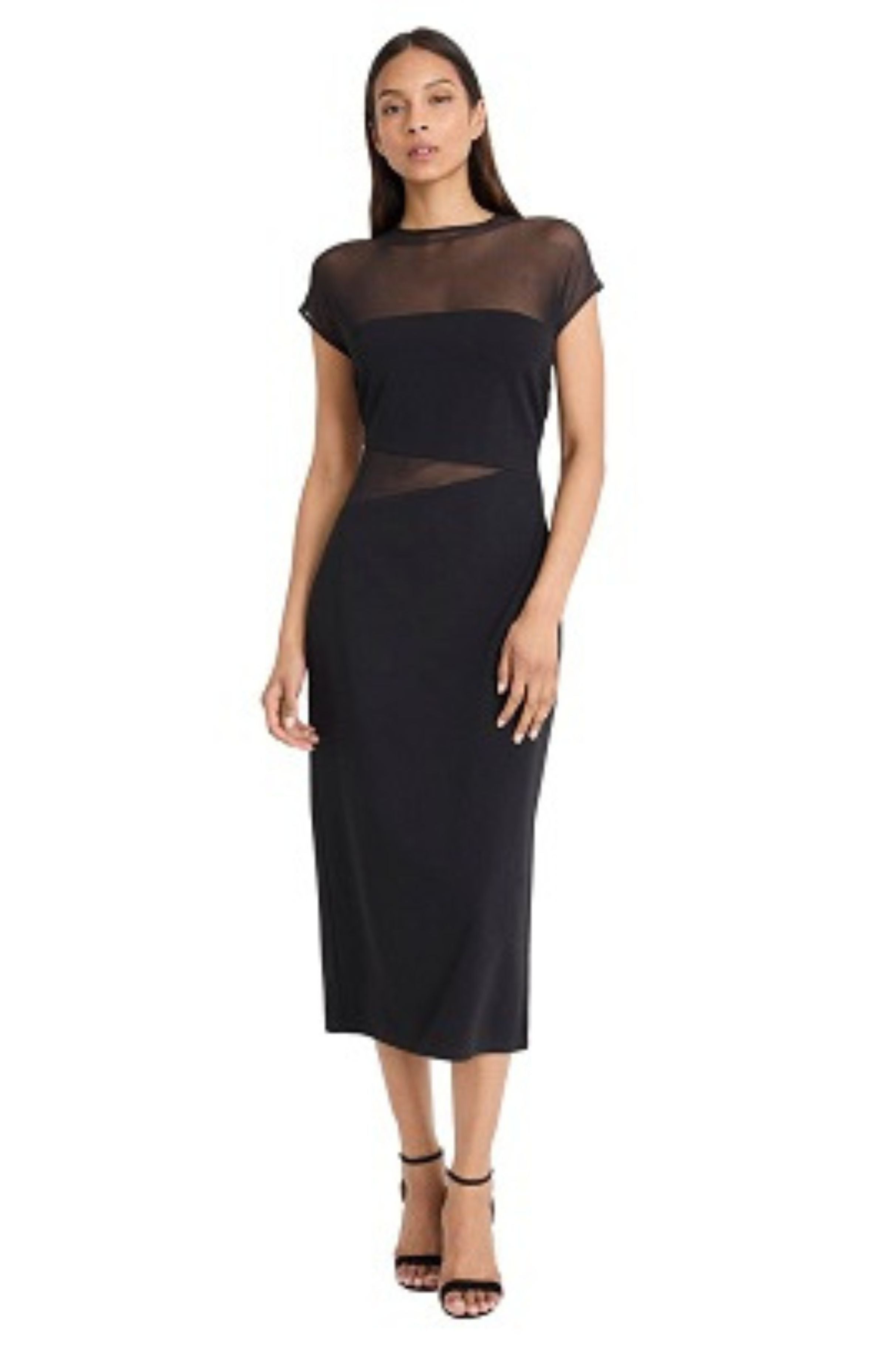 Black Illusion Neckline Sheath Midi Dress by Donna Morgan D9778M