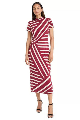 Burgundy Cream Short Sleeve Stripe Mock Neck Maxi Dress by Donna Morgan D9829M
