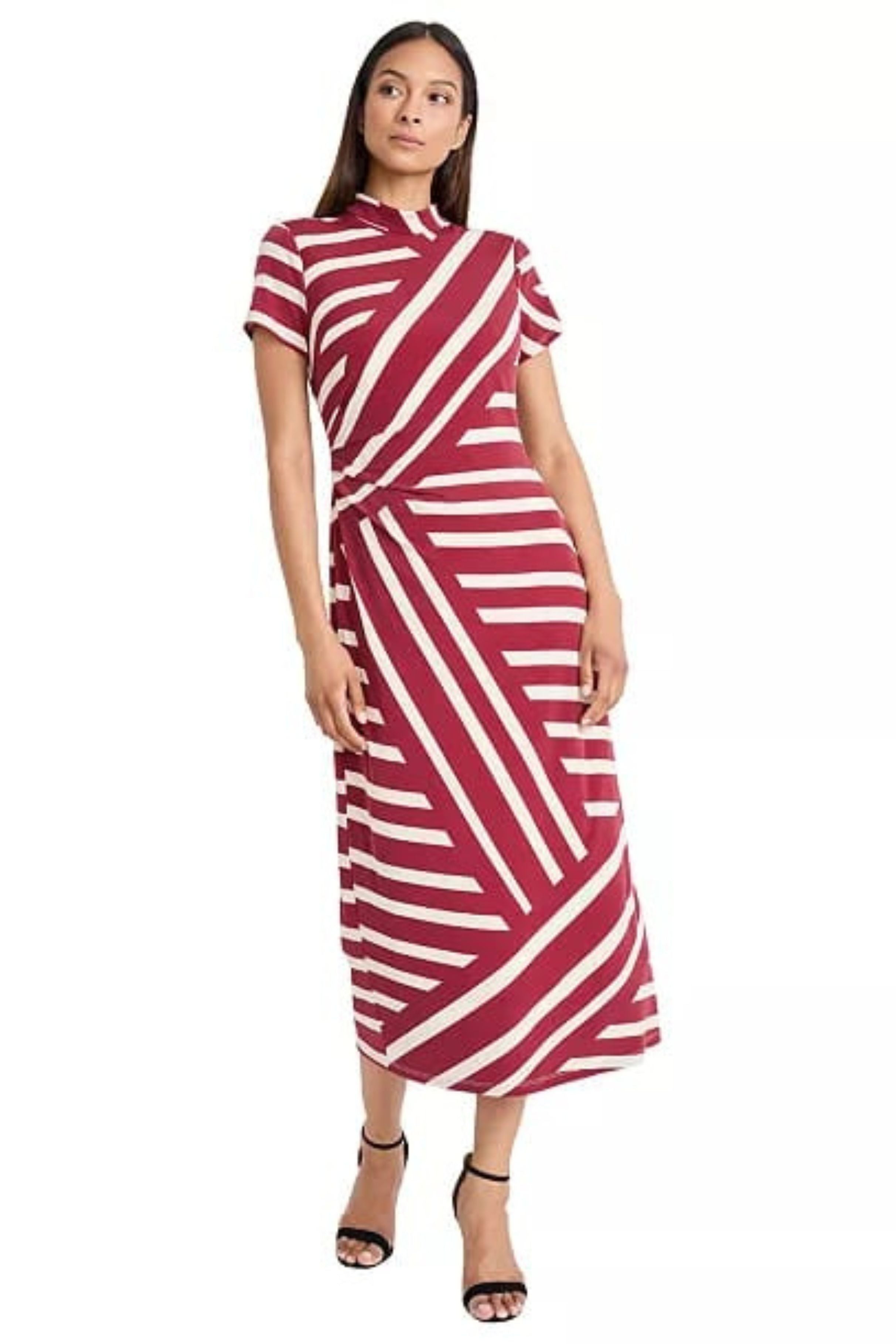Burgundy Cream Short Sleeve Stripe Mock Neck Maxi Dress by Donna Morgan D9829M