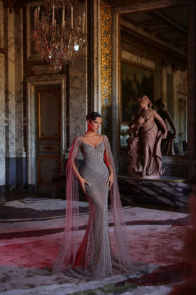 Chic and Holland HF110624 Sweetheart Cape Sleeve Beaded Sheath Prom Gown with Corset Bodice