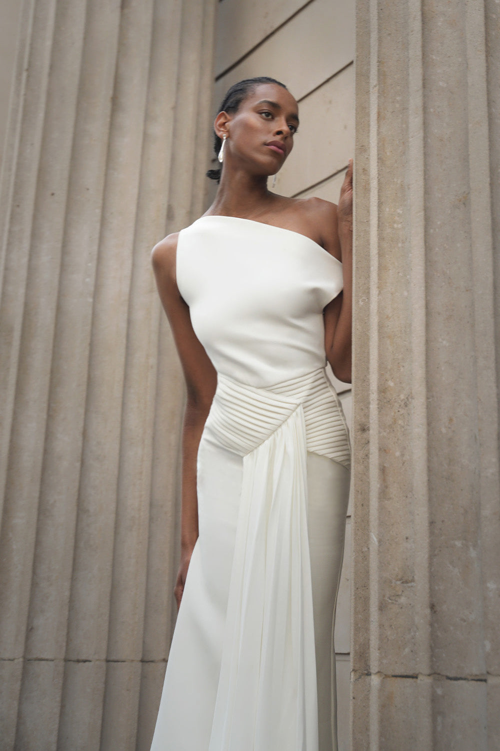 Bella Barnett Paulina Oblique Shoulder Sleeveless Folds Cocktail Party Midi Dress