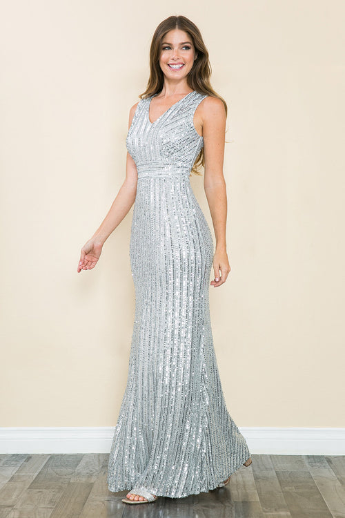 Vestido formal con escote en V, sin mangas, con lentejuelas, de Lenovia 5246