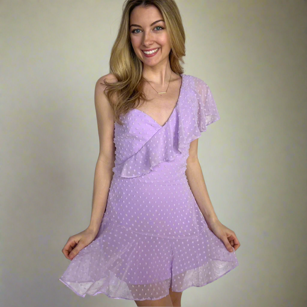 Ace Lilac One-Shoulder Swiss Dot Formal Mini Dress