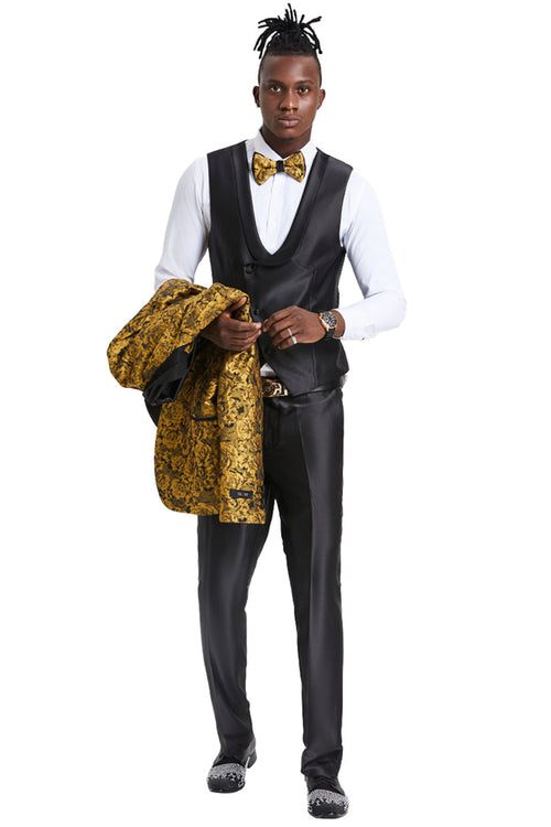 Esmoquin de graduación para hombre, de un botón, corte entallado, con estampado floral brillante de cachemira, en dorado