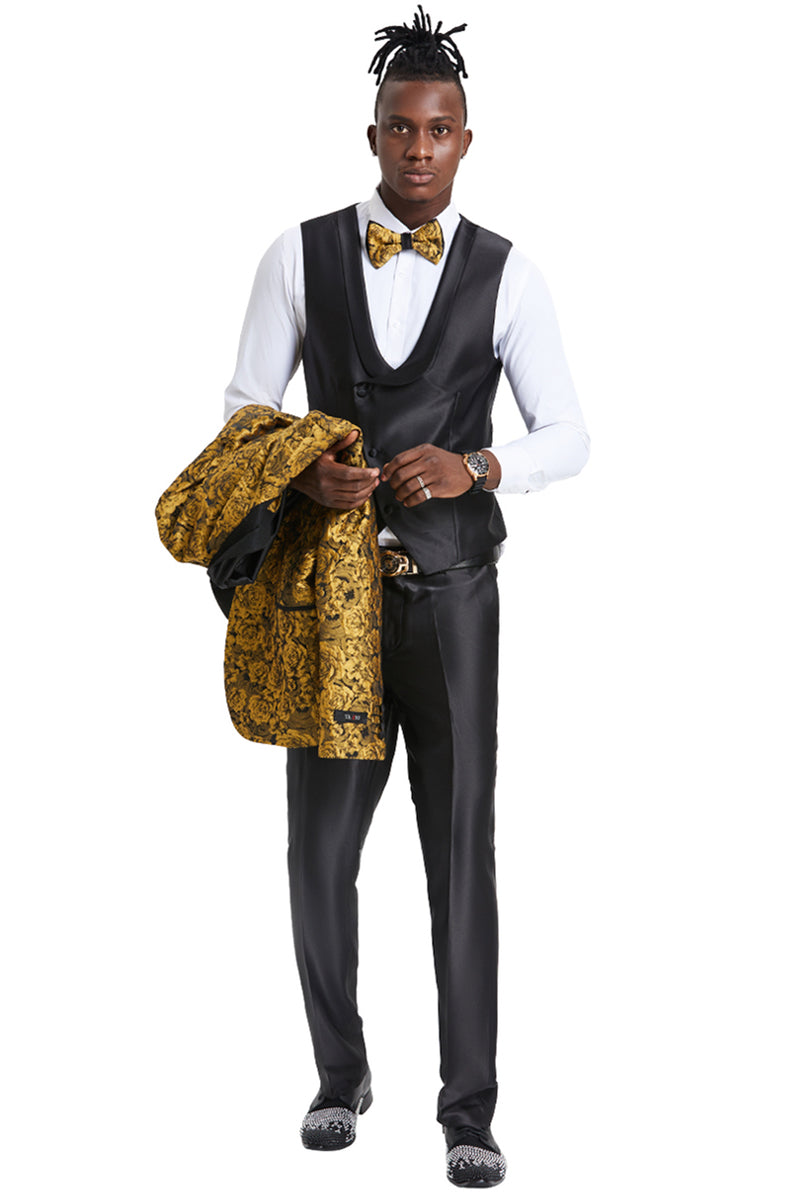 Esmoquin de graduación para hombre, de un botón, corte entallado, con estampado floral brillante de cachemira, en dorado
