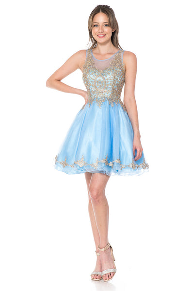 Sleeveless Gold Embroidered Short Tulle Party Dress By Lenovia 8101