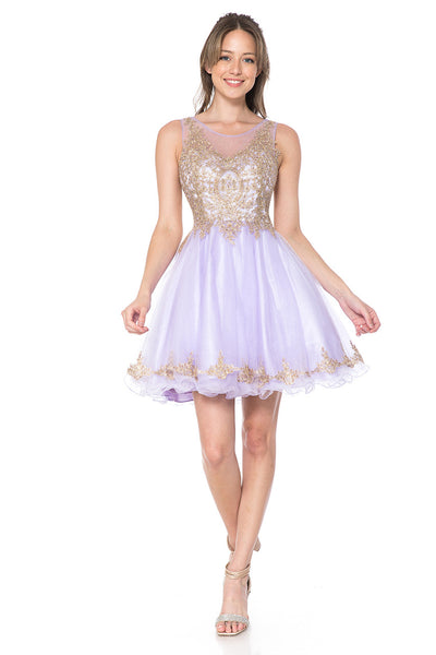 Sleeveless Gold Embroidered Short Tulle Party Dress By Lenovia 8101
