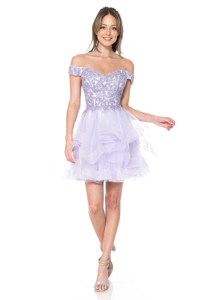 Vestido de fiesta corto de tul bordado con hombros descubiertos y espalda de corsé de Lenovia 8130
