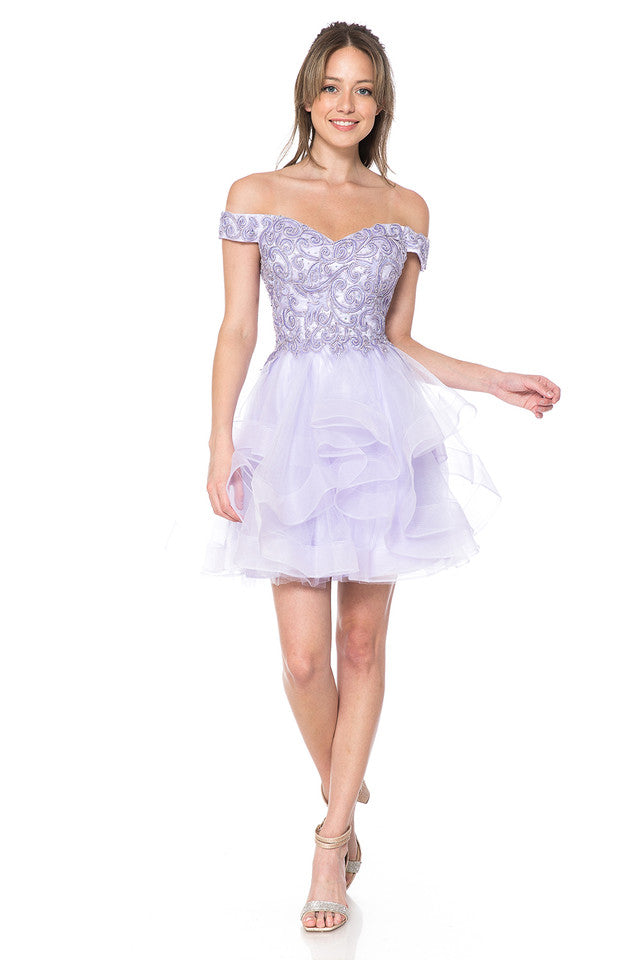Vestido de fiesta corto de tul bordado con hombros descubiertos y espalda de corsé de Lenovia 8130
