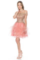 Off-Shoulder Tiered Tulle Short Party Dress with Gold Embroidered Bodice By Lenovia 8151