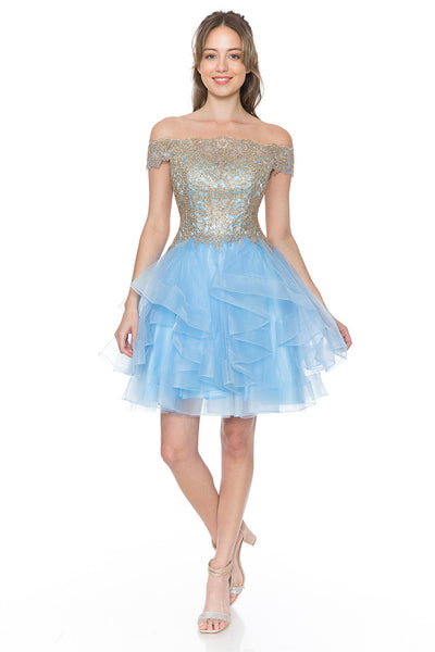 Off-Shoulder Tiered Tulle Short Party Dress with Gold Embroidered Bodice By Lenovia 8151