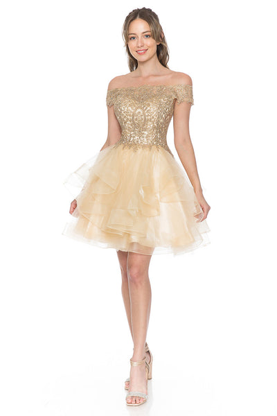 Off-Shoulder Tiered Tulle Short Party Dress with Gold Embroidered Bodice By Lenovia 8151
