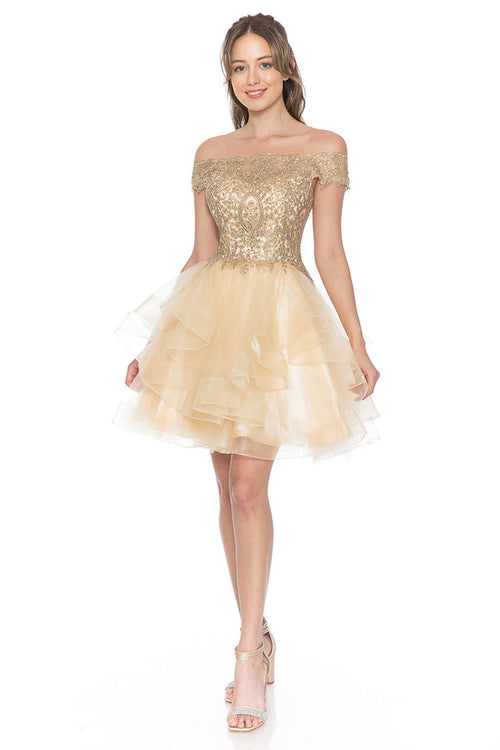 Off-Shoulder Tiered Tulle Short Party Dress with Gold Embroidered Bodice By Lenovia 8151