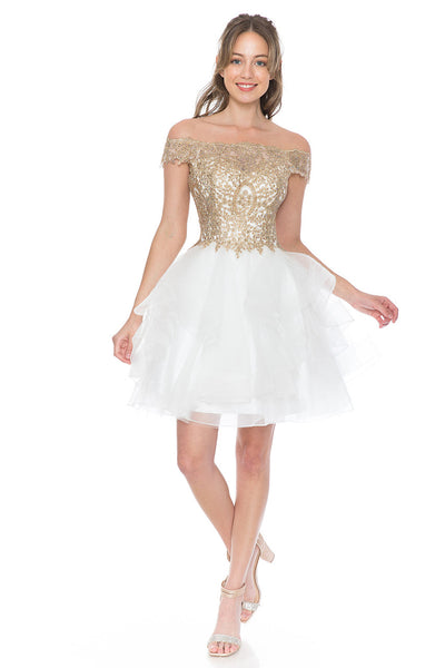 Off-Shoulder Tiered Tulle Short Party Dress with Gold Embroidered Bodice By Lenovia 8151