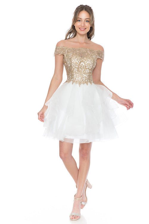 Off-Shoulder Tiered Tulle Short Party Dress with Gold Embroidered Bodice By Lenovia 8151