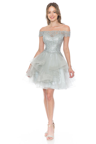 Off-Shoulder Tiered Tulle Short Party Dress with Gold Embroidered Bodice By Lenovia 8151