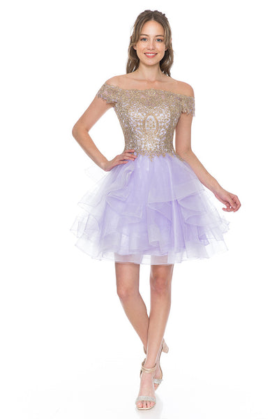 Off-Shoulder Tiered Tulle Short Party Dress with Gold Embroidered Bodice By Lenovia 8151