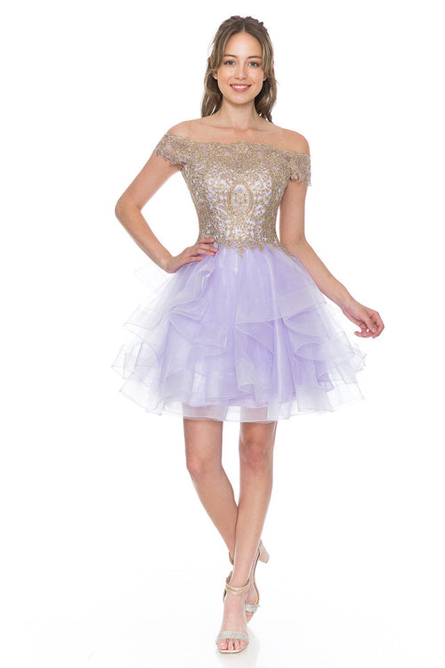 Off-Shoulder Tiered Tulle Short Party Dress with Gold Embroidered Bodice By Lenovia 8151