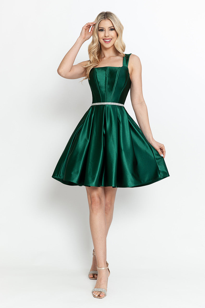 Lenovia 3071 Short Sleeveless Satin A-Line Dress with Structured Bodice