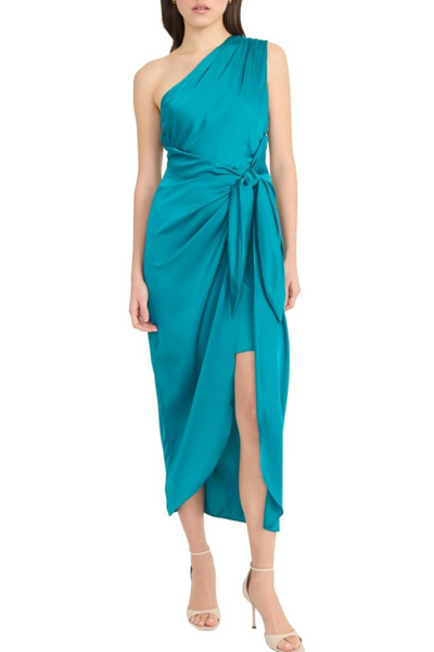 Blue Grass One Shoulder Tie-Waist Evening Long Dress by Donna Morgan D8199M