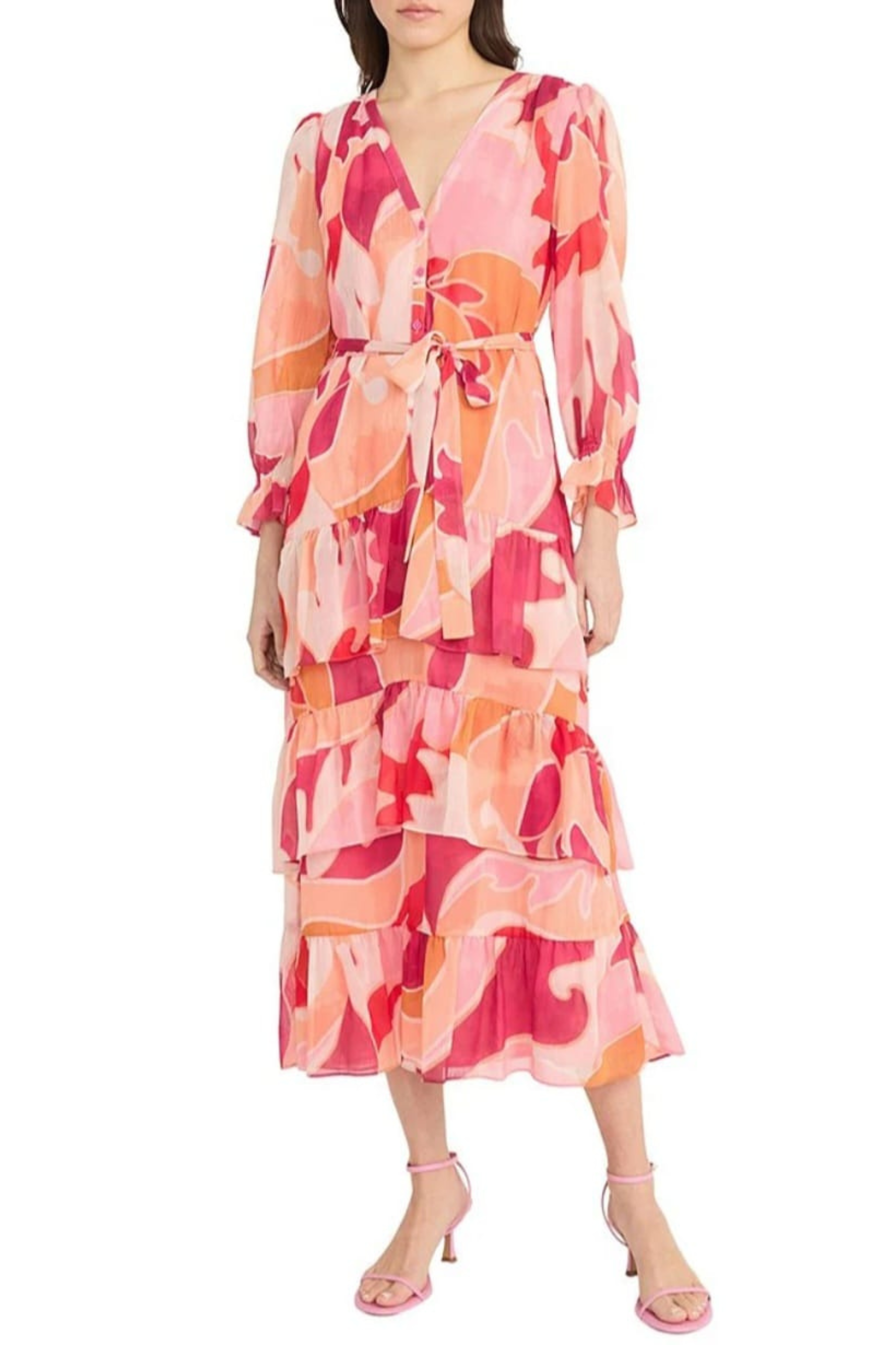 Cream Magenta Long Sleeve Multi Print Tiered Ruffle Maxi Dress by Donna Morgan D9643M
