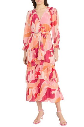 Cream Magenta Long Sleeve Multi Print Tiered Ruffle Maxi Dress by Donna Morgan D9643M