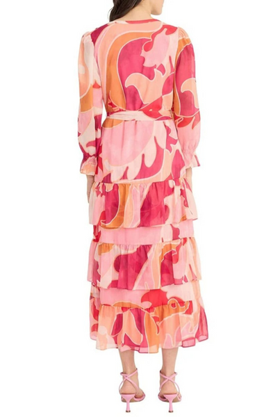 Cream Magenta Long Sleeve Multi Print Tiered Ruffle Maxi Dress by Donna Morgan D9643M