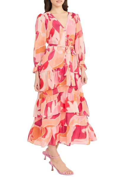 Cream Magenta Long Sleeve Multi Print Tiered Ruffle Maxi Dress by Donna Morgan D9643M